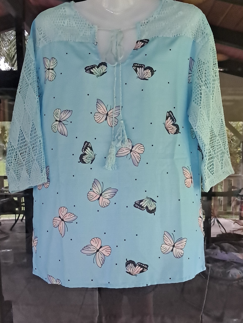 MISSLOOK Light Blue Butterfly Print Crochet Sleeve Blouse